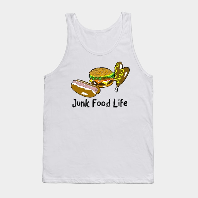 Junk Food Life  Funny Hamburger Hot Dog Corn Dog Design Tank Top by GreenCowLand